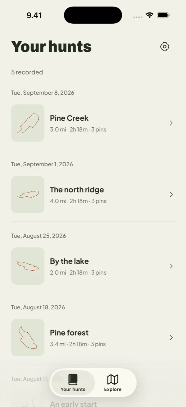 Hunting journal with saved hunts on iPhone