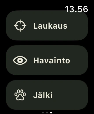 Laukaus-, Havainto- ja Jälki-painikkeet Apple Watchilla